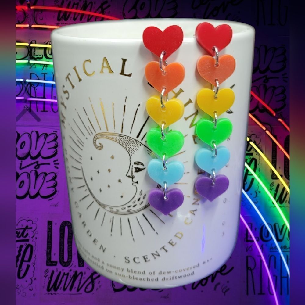 Multi Colored Rainbow Heart Pride Dangle Earrings
